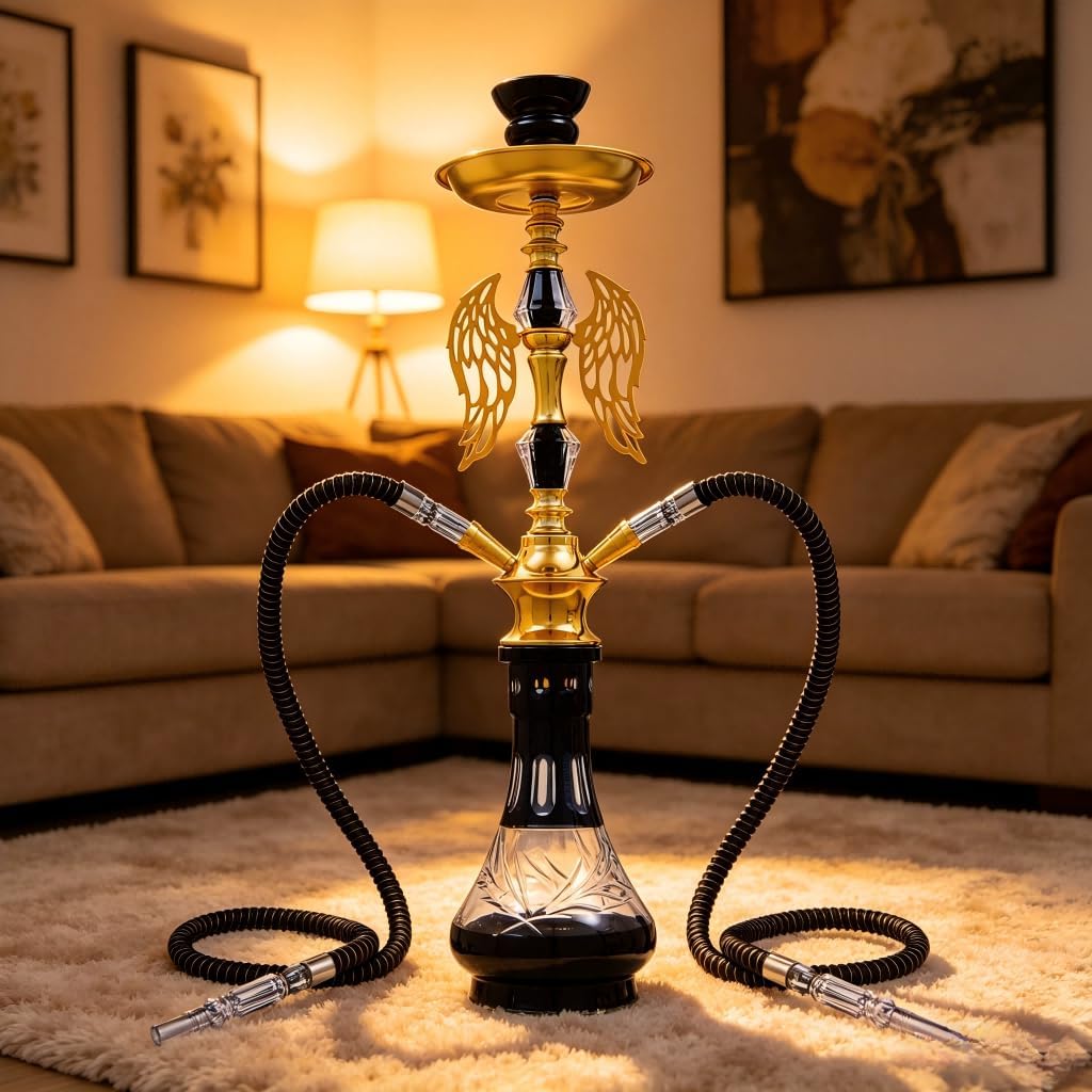 Angel Wings Design 2 Hose Hookah Set, Complete Shisha Hookah Kit with Glass Base, Decorative Hookah for Home Party (Purple)
