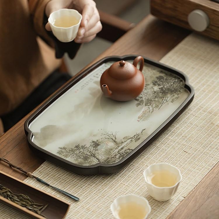 Bandeja para Servir Water Village, Bandeja de té Hecha a Mano, pequeña Bandeja Retro para Tetera Seca de Estilo Chino, Bandeja de Almacenamiento para Accesorios de Juego de té, bandejas para Comer en