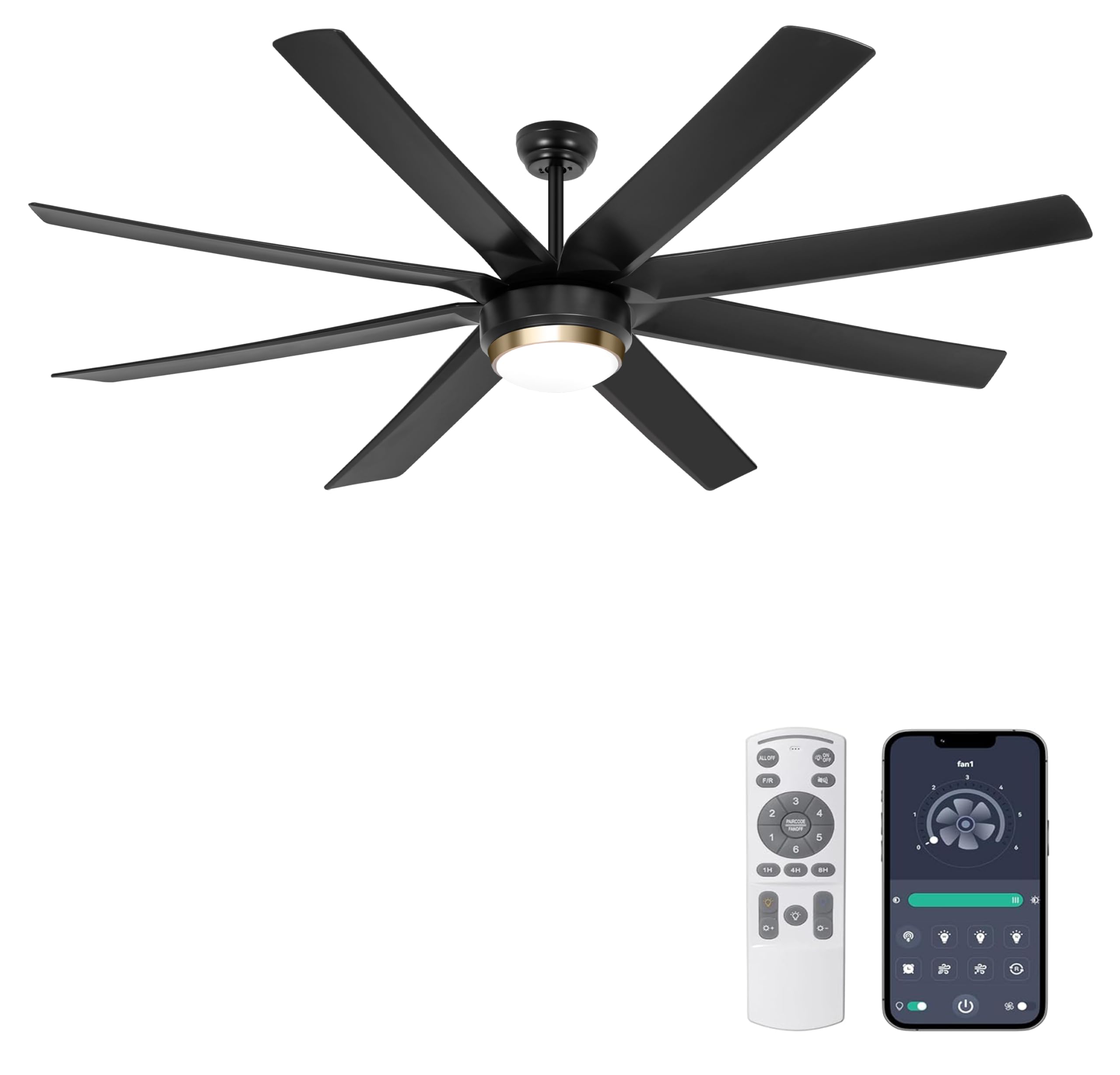 Ohniyou Ventilador de Techo de 152 cm con Luz Silencioso, Ventiladores de Techo Modernos con Control Remoto/APP, Luz Regulable, Motor DC Reversible para Sala de Estar Terraza Interior Exterior, Negro — view 12