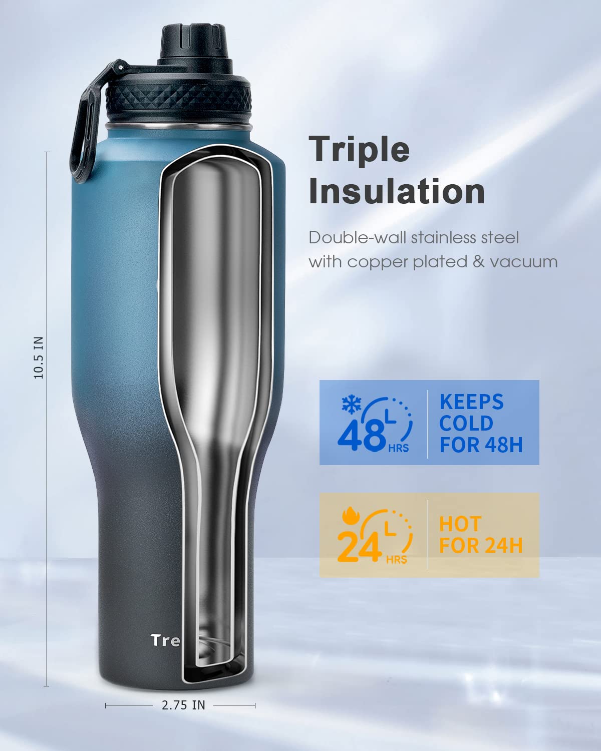 Trebo Borraccia termica 1.2 litro - Borraccia Termica 1 litro - Bottiglia acqua termiche - Senza BPA - Borraccia Termica con Cannuccia 2 Coperchi, Indigo Crush