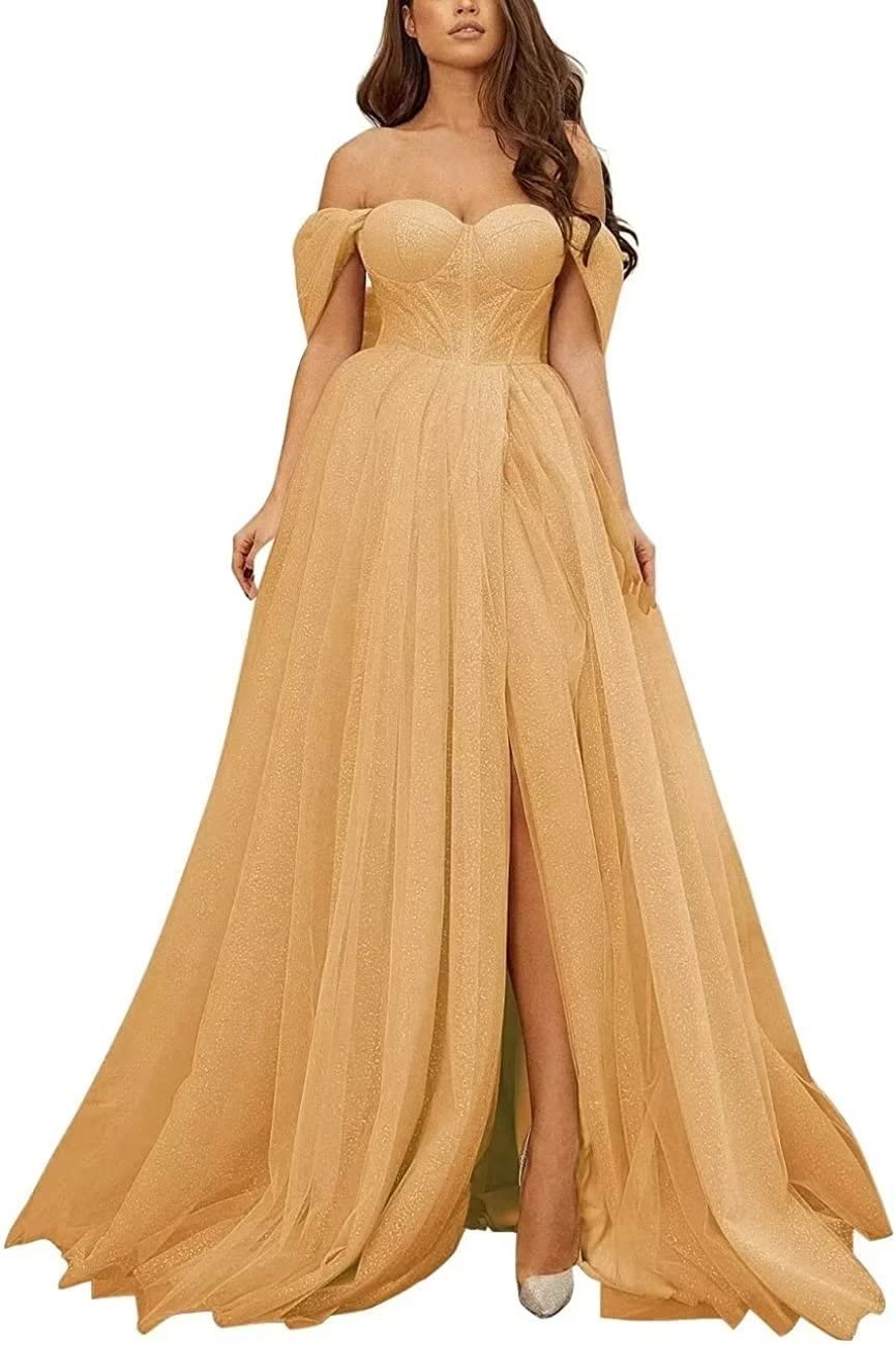 Gralre Glitter Tulle Prom Dresses Off Shoulder Long Ball Gown for Teens Corset Formal Evening Gown Long Homecoming Dress