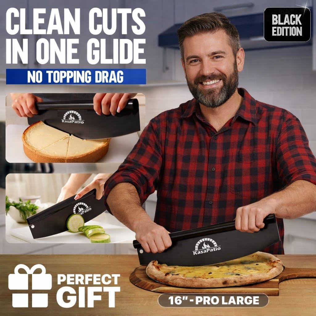 16" Professional Pizza Cutter Rocker – Razor-Black Sharp Stainless Steel Blade, Includes Protective Cover, Heavy-Duty & Dishwasher Safe, Black Color