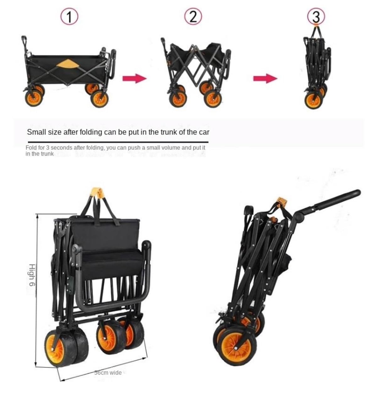 Carrello da giardino pieghevole con ruote, utile portatile per famiglia, shopping, campeggio e giardinaggio, versatile per attività all'aperto