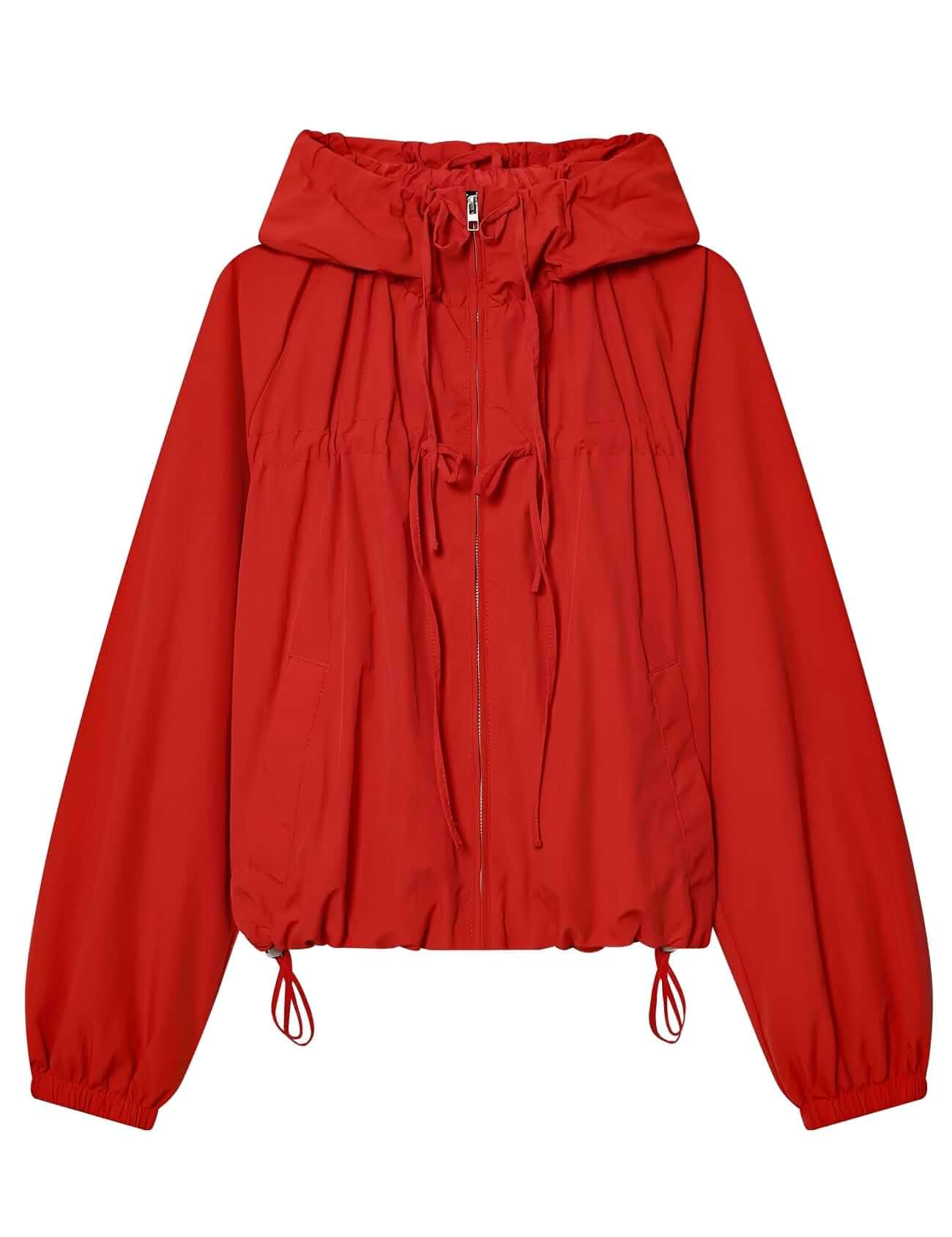 Wyeysyt Women Windbreaker Jacket Lightweight Gathered Hooded Jacket Windbreaker, Drawstring Hem, Varsity Jacket with Pockets, Cropped Coat