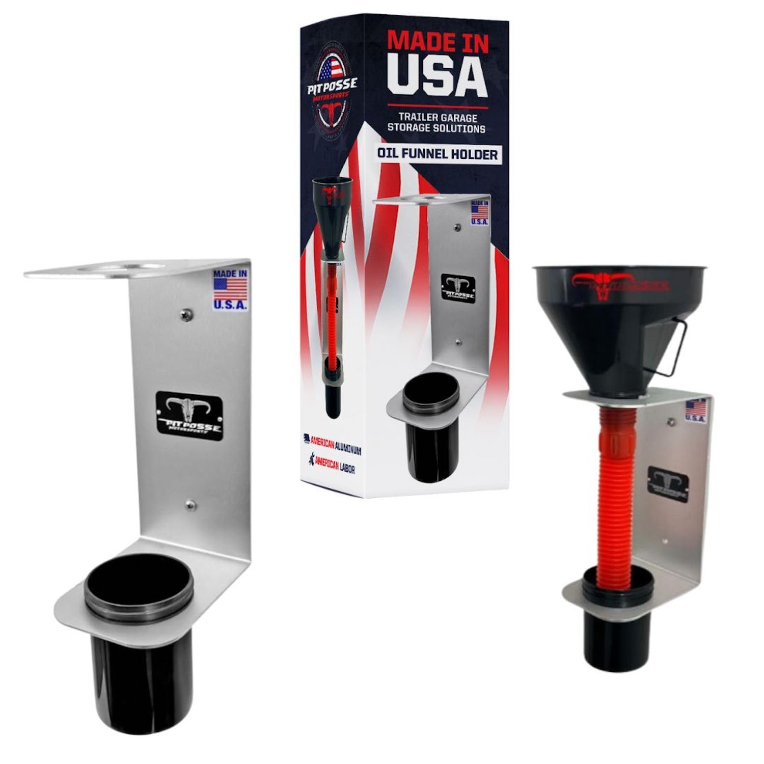Pit Posse PP3364 - Soporte de aluminio para embudo de aceite – Tienda de garaje para remolque cerrado – Fabricado en Estados Unidos – Embudo de drenaje de líquido de montaje en pared Organizador