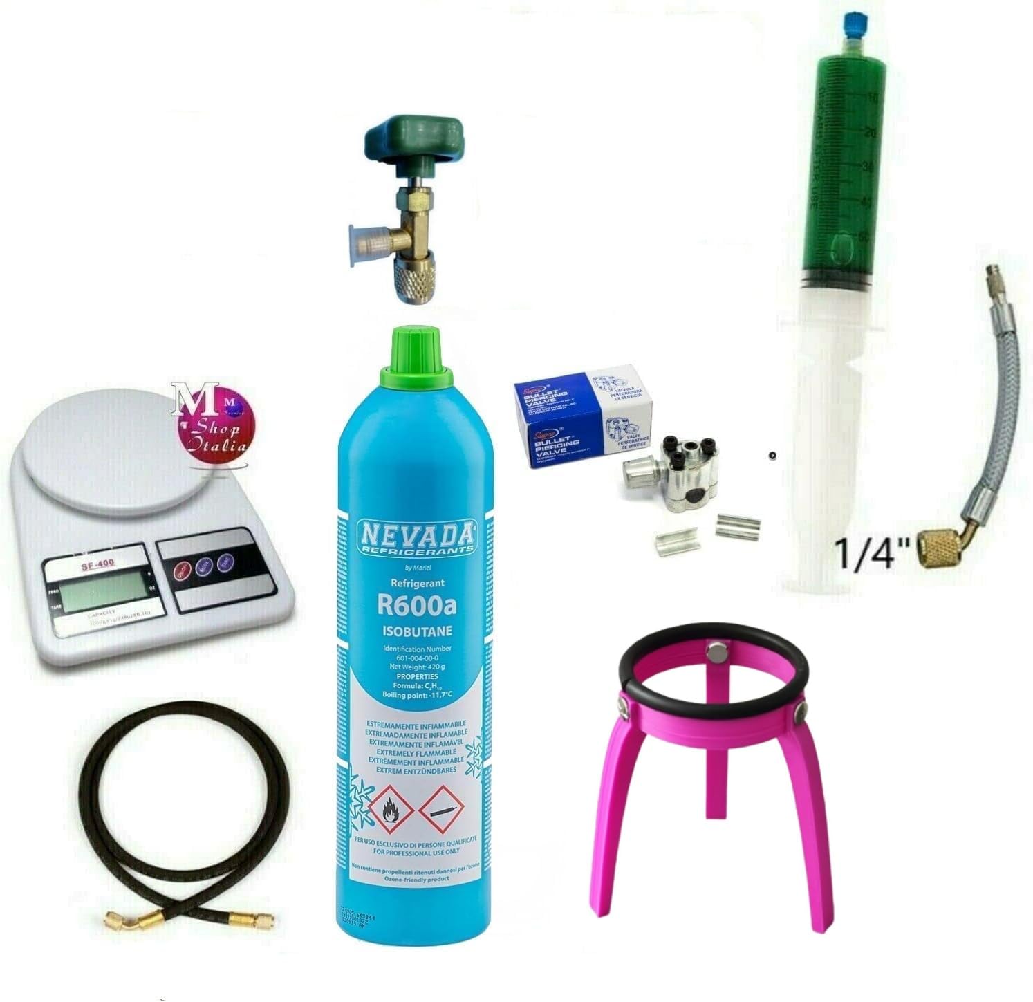 Kit Reparación Frigorífico R600a 420 g completo DIY + turafalle 30 ml + báscula + tubo con premispillo