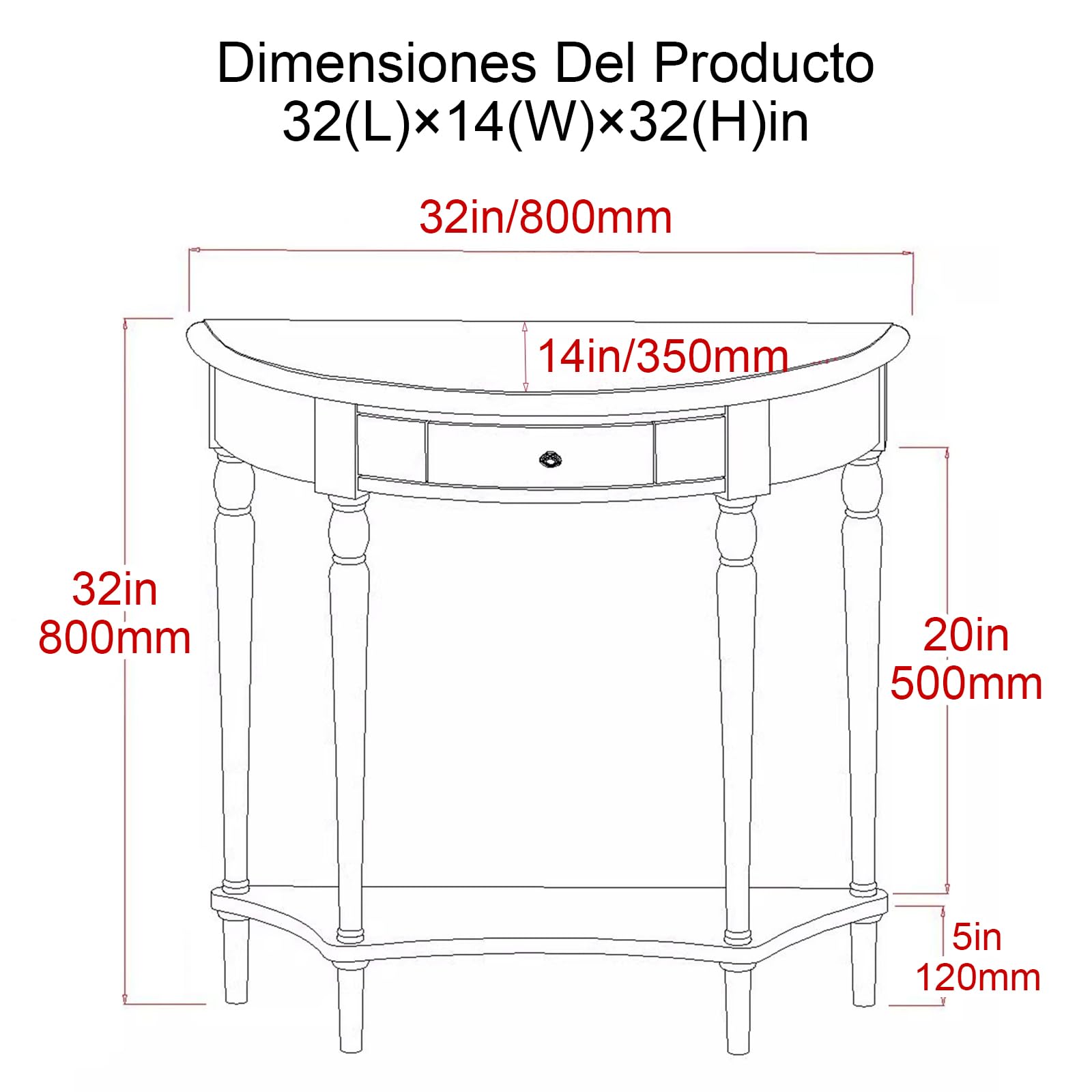 Mesa Consola de Media Luna de Madera Maciza con Cajones y Estantes, Mesa Auxiliar de Entrada de Dos Niveles En Forma de Semicírculo, Elegante Mesa de Sofá Vintage (veta De Madera De Cerezo)(800x350x80
