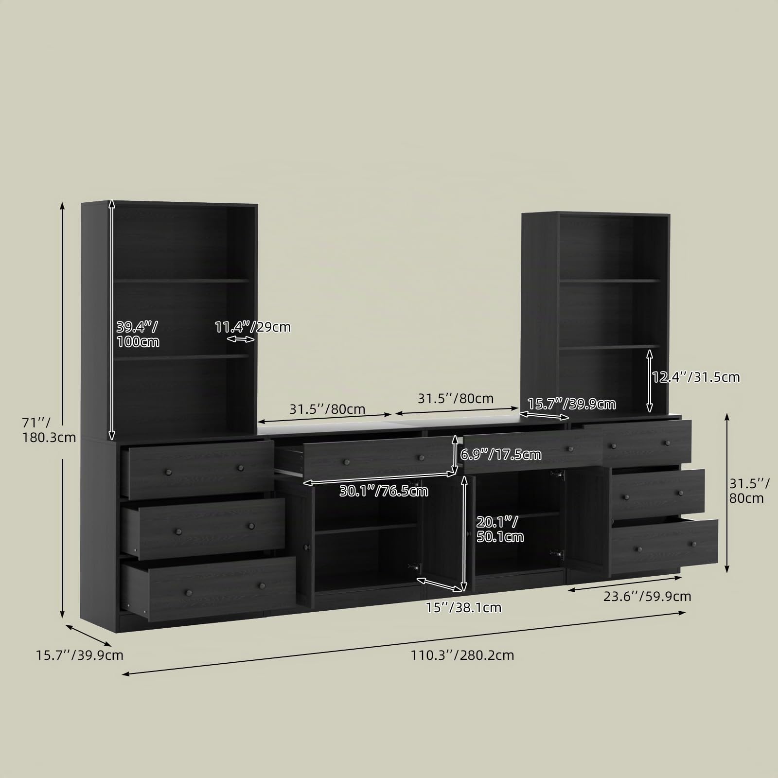 VOWNER 4PSC Großer TV-Schrank mit Bücherregalen für Fernseher bis zu 70 Zoll, 280 cm Long tv Ständer mit gehärteten Glastüren und Einlegeböden, fernsehschrank für Wohnzimmer, 2A+2C (Schwarz)