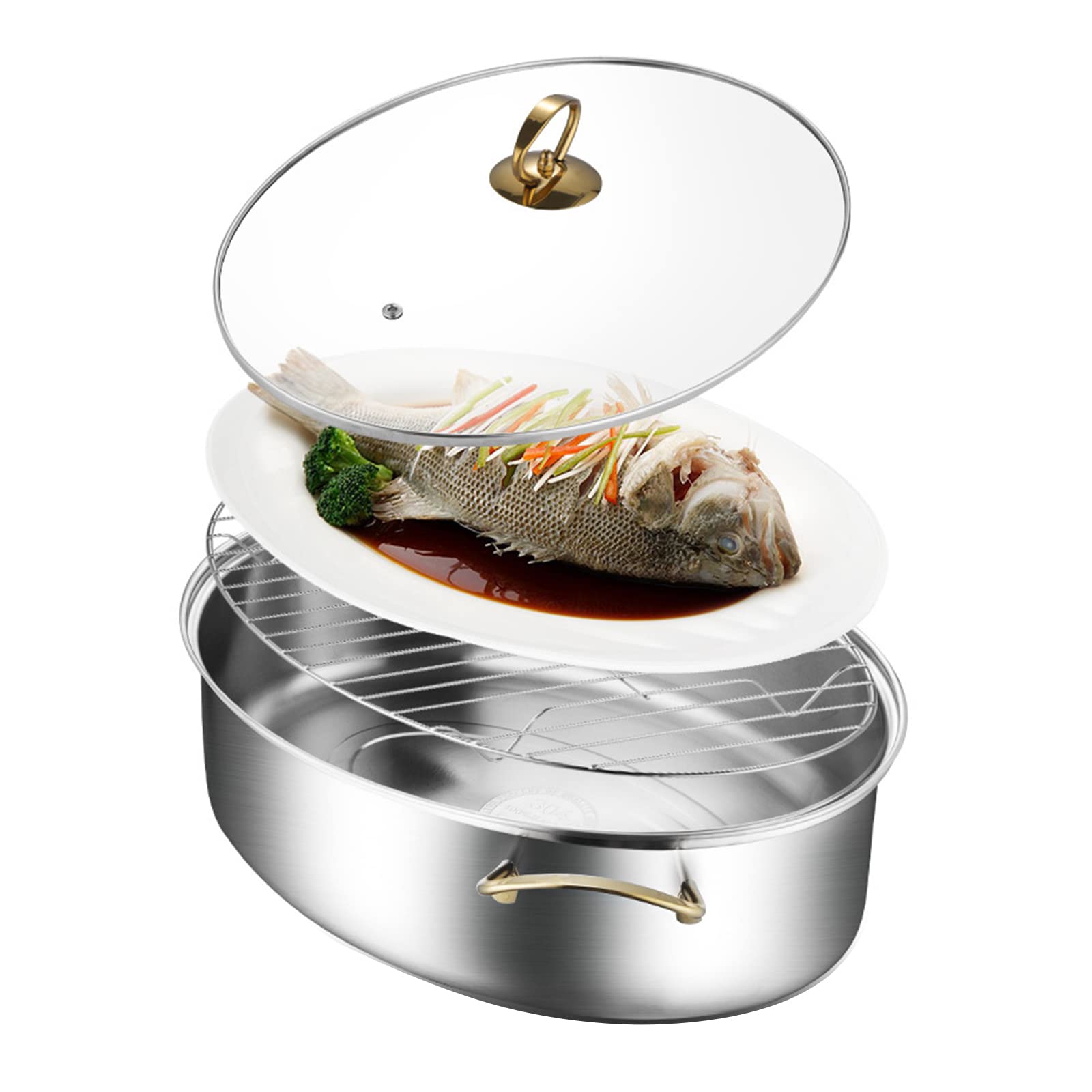 Fisch-Dampfgarer aus Edelstahl, elliptischer Bräter, Mehrzweck-Ovaler Nudeltopf mit Gestell, Induktionsgeeignet, spülmaschinenfest/ofenfest, Truthahnbräter (einlagig)