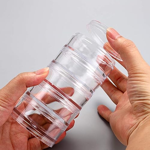 Vista 6 de Hipiwe Paquete de 2 tarros redondos de plástico transparente con 5 ranuras, organizador de accesorios para manualidades, caja organizadora de joyas