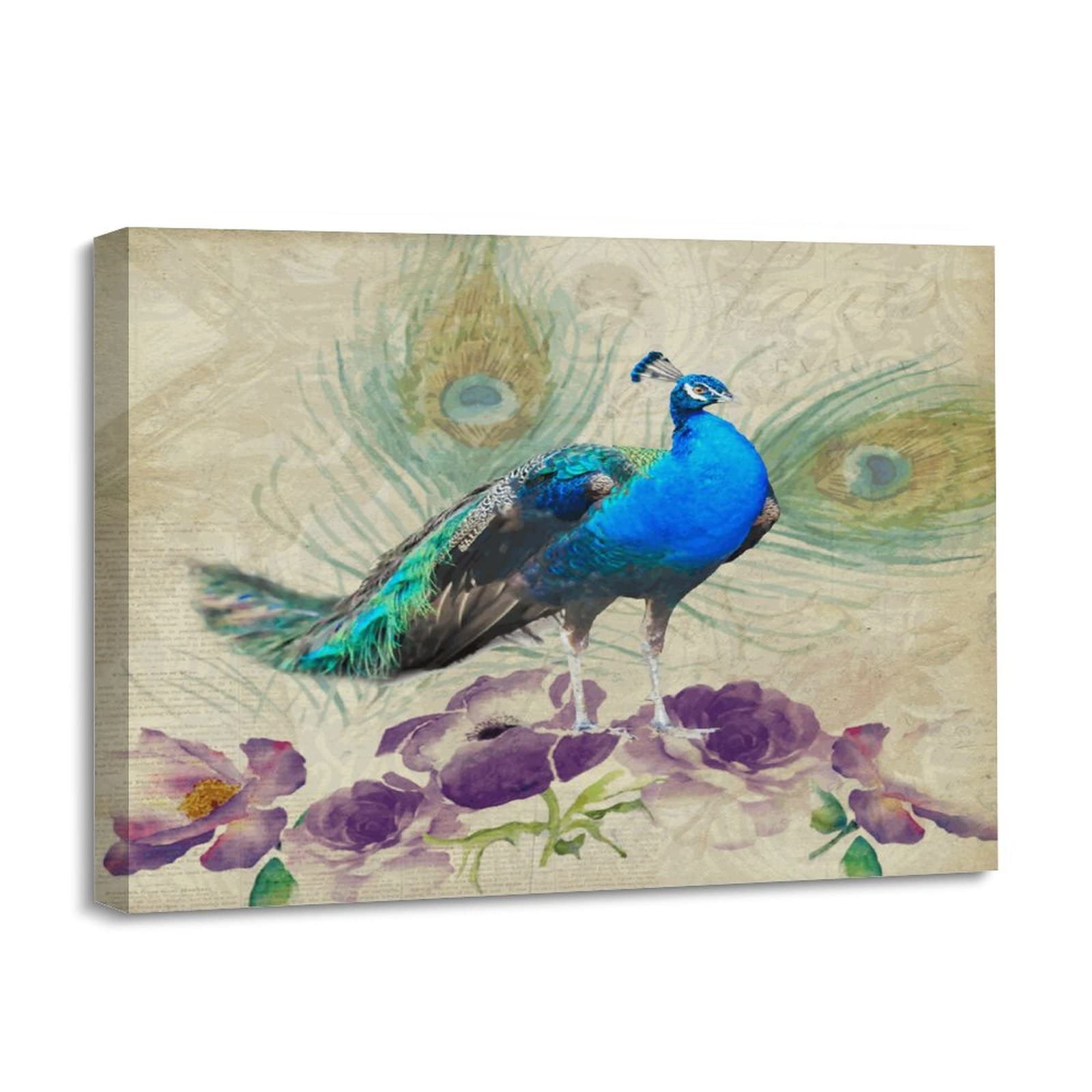 Cuadro de pavo real entre flores con marco de madera estable y duradero 8