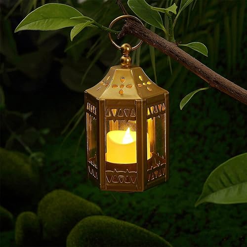 Miniatura 3 de Mini faroles marroquíes  Paquete de 4 linternas pequeñas de metal de 4.5 pulgadas para portavelas decorativo, decoración del hogar y patio, y