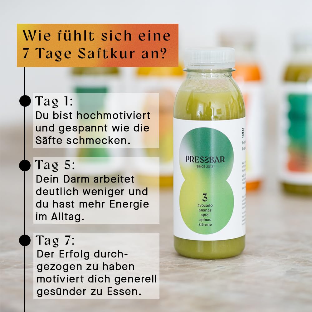 PRESSBAR Saftkur CLASSIC 7 Tage - 42 Säfte (330ml) kaltgepresst - Fastenkur - iPhone und Android App und Booklet zur Begleitung der Kur - Aus 100% Obst & Gemüse - inkl. 10,50€ Pfand
