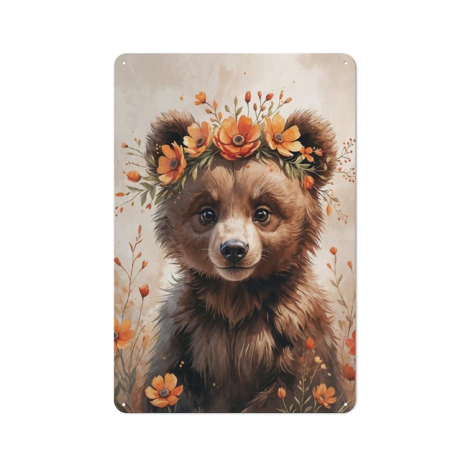 Junmoney Cute Bear Cub With Flower Crown Watercolor Tin Wall Plaque 30X20cm With For Living Room Wall, For Kitchen, Dining Room And Home Bar Wall Decor