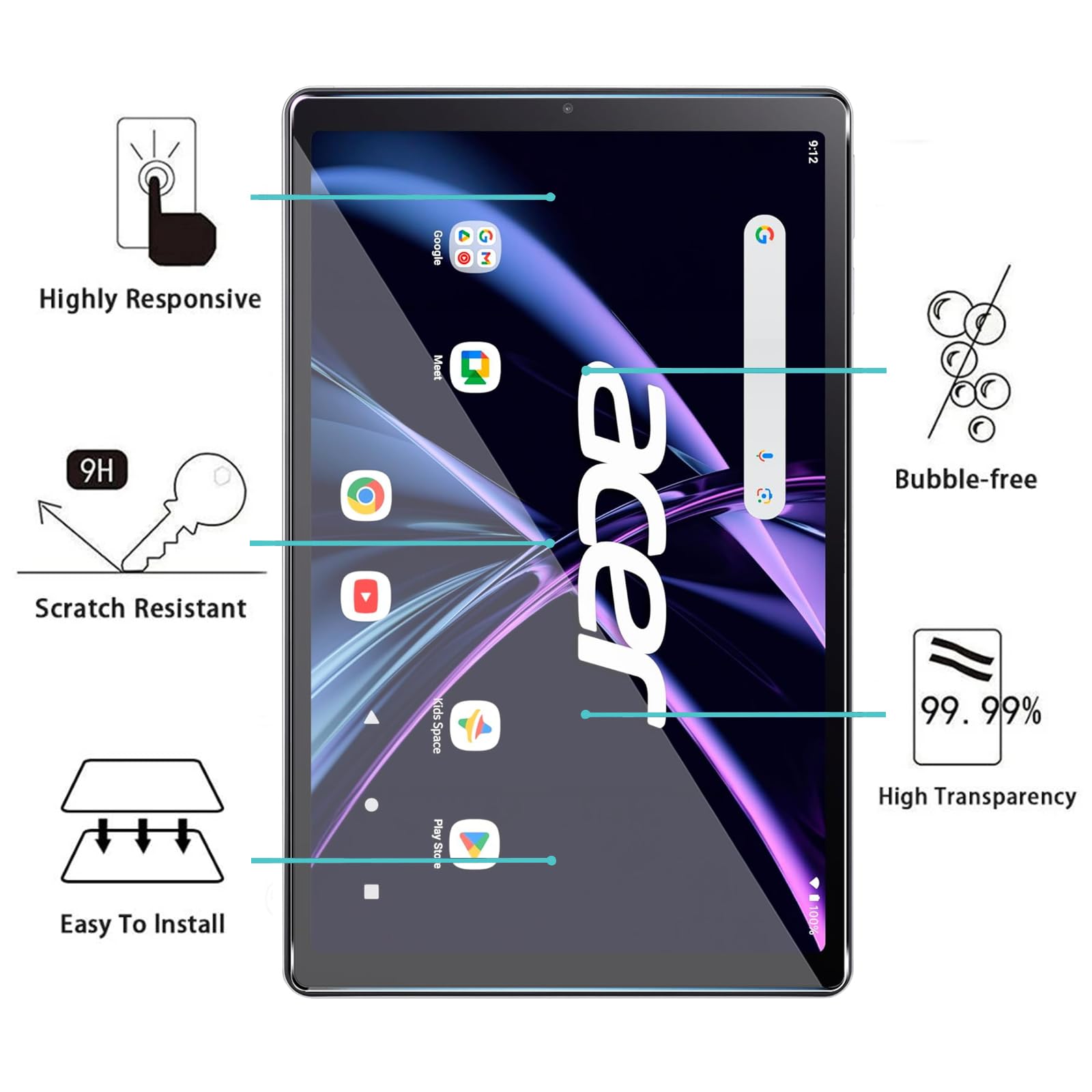 Pellicola Vetro Temperato per Acer Iconia Tab A10 (10.1 Pollici) 2 Pezzi Durezza 9H Anti-Graffio HD Trasparente