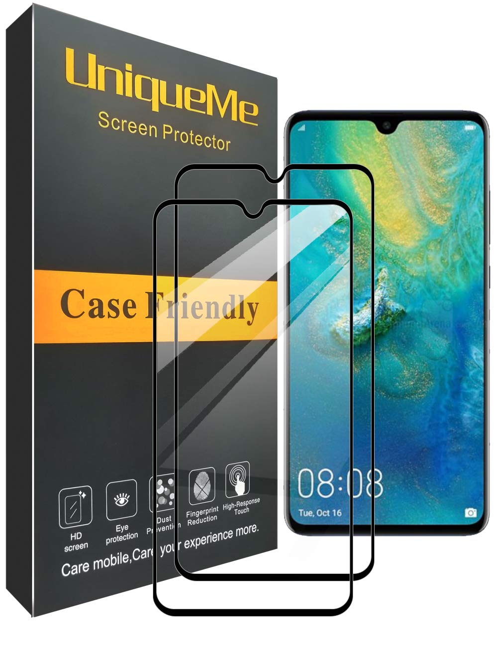 UniqueMe for [2 PACK] Huawei Mate 20 Screen Protector, Full Coverage Tempered Glass Screen