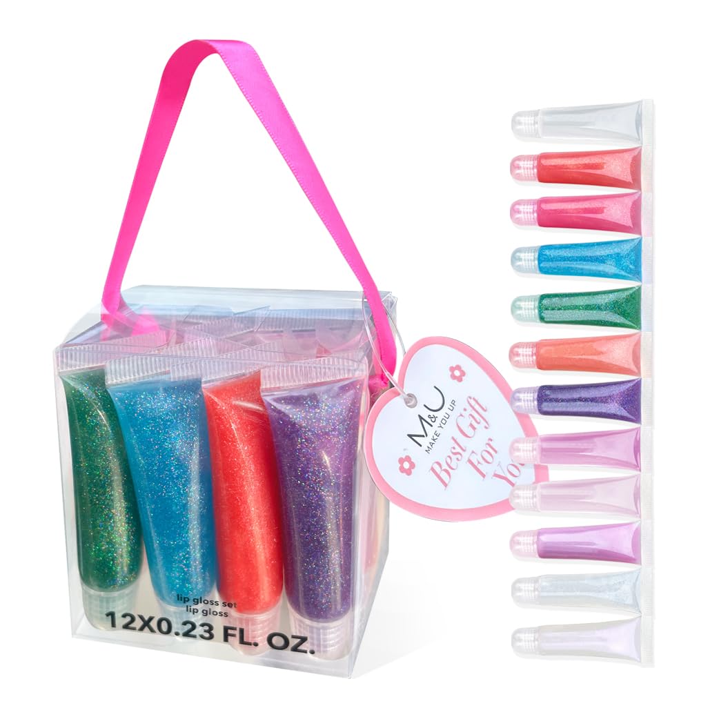 M&U Glitter Lip Gloss Set with Carrying Case, 12Pcs Assorted Flavors Moisturizing Shimmer Glossy Lip Party Favor Make-up for Kids and Teens Ages 5+