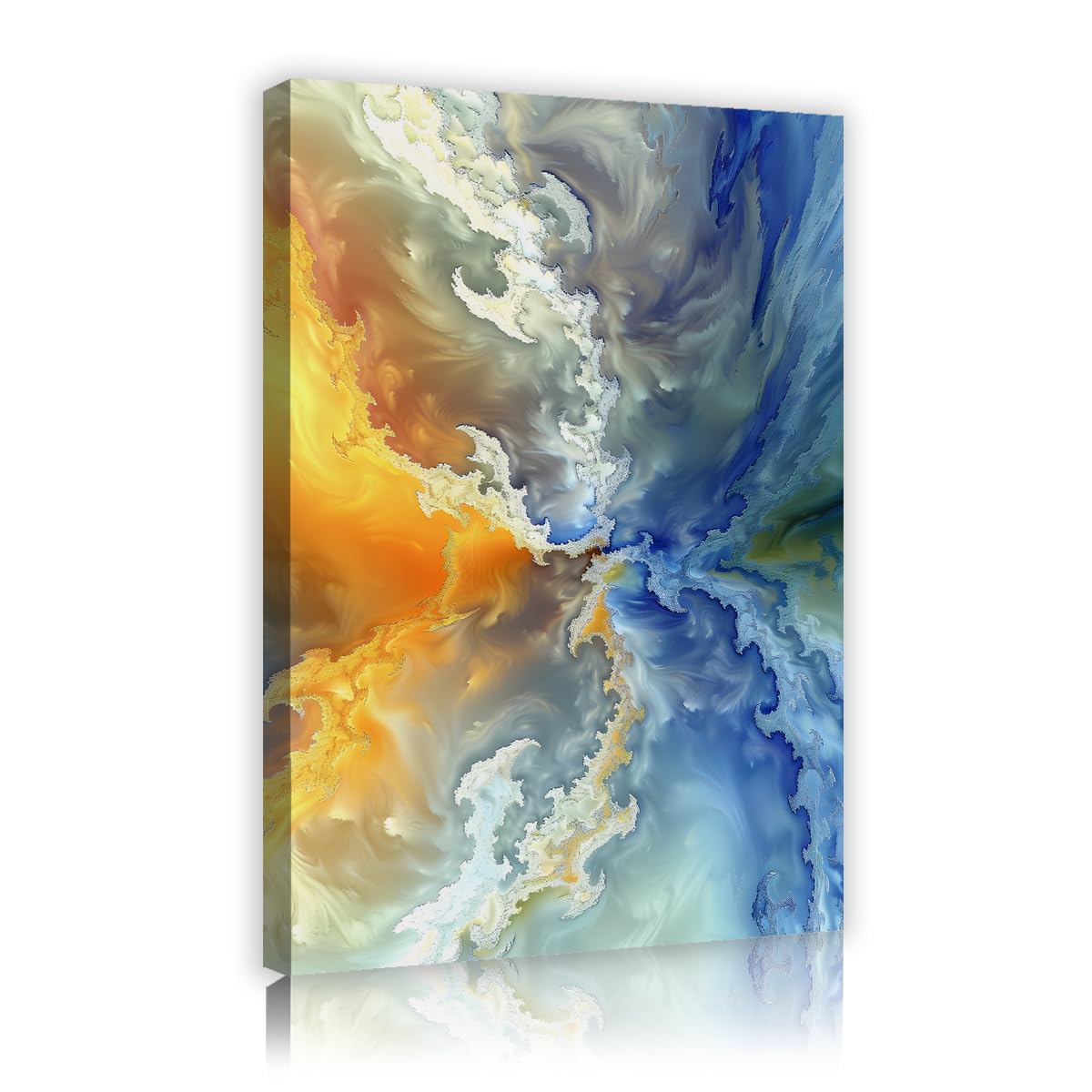TOANGWALL Blue Orange Canvas Wall Art Yellow Fractal Cloud Painting Abstract Fluid Waves Textured Framed Mural Graphic Poster Pictures For Living Room Bedroom Office Decor 75x115cm
