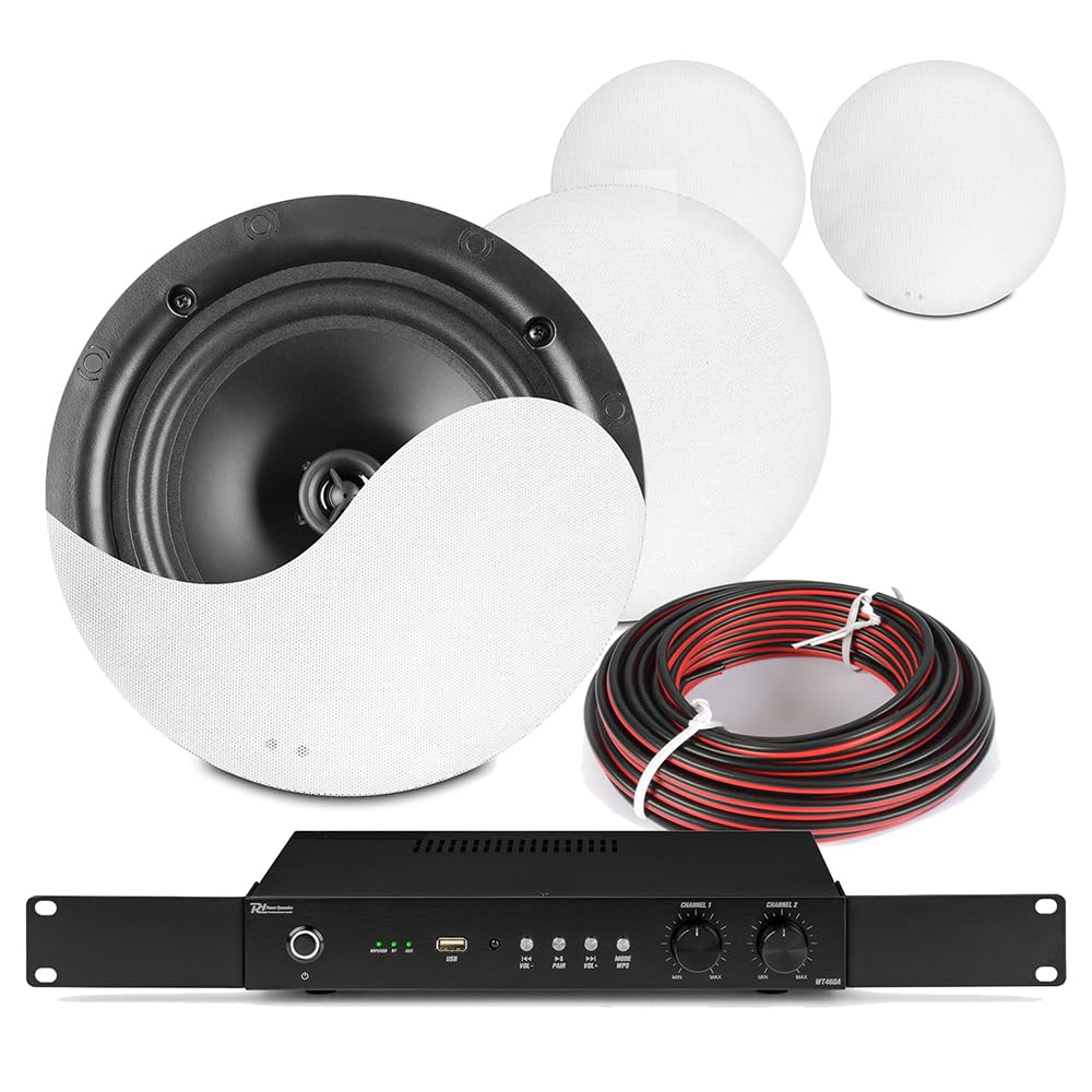 PD 8x 4” BHW40BL Black Ceiling Speaker Kit, Commercial Sound System with Four-Zone, 6-Channel Mixer-Amplifier, Outdoor/Indoor Use, Multi Room Ceiling Speaker System, Home Multi Room Sound System