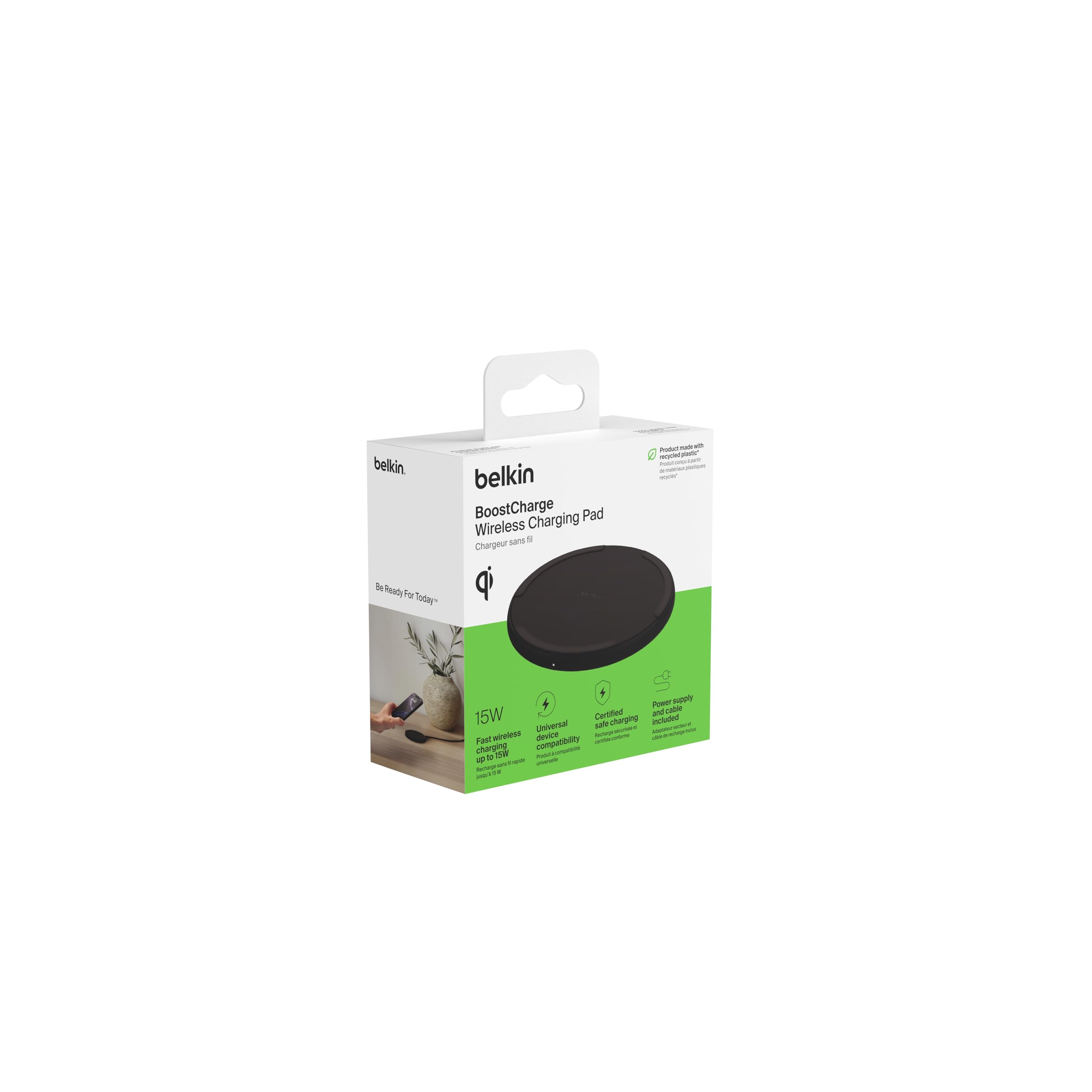 Belkin Chargeur sans Fil 15W - Chargeur Qi pour Apple iPhone 16, iPhone Série 15/14/13, AirPods, Samsung Galaxy S25, Galaxy S24, Pixel - Adaptateur Secteur et câble Inclus - Noir