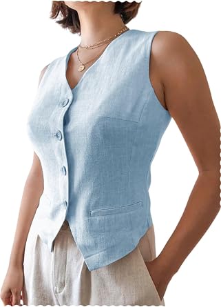 Womens Linen Vest V-Neck Button Down Waistcoat | Formal Business Sleeveless Blazer