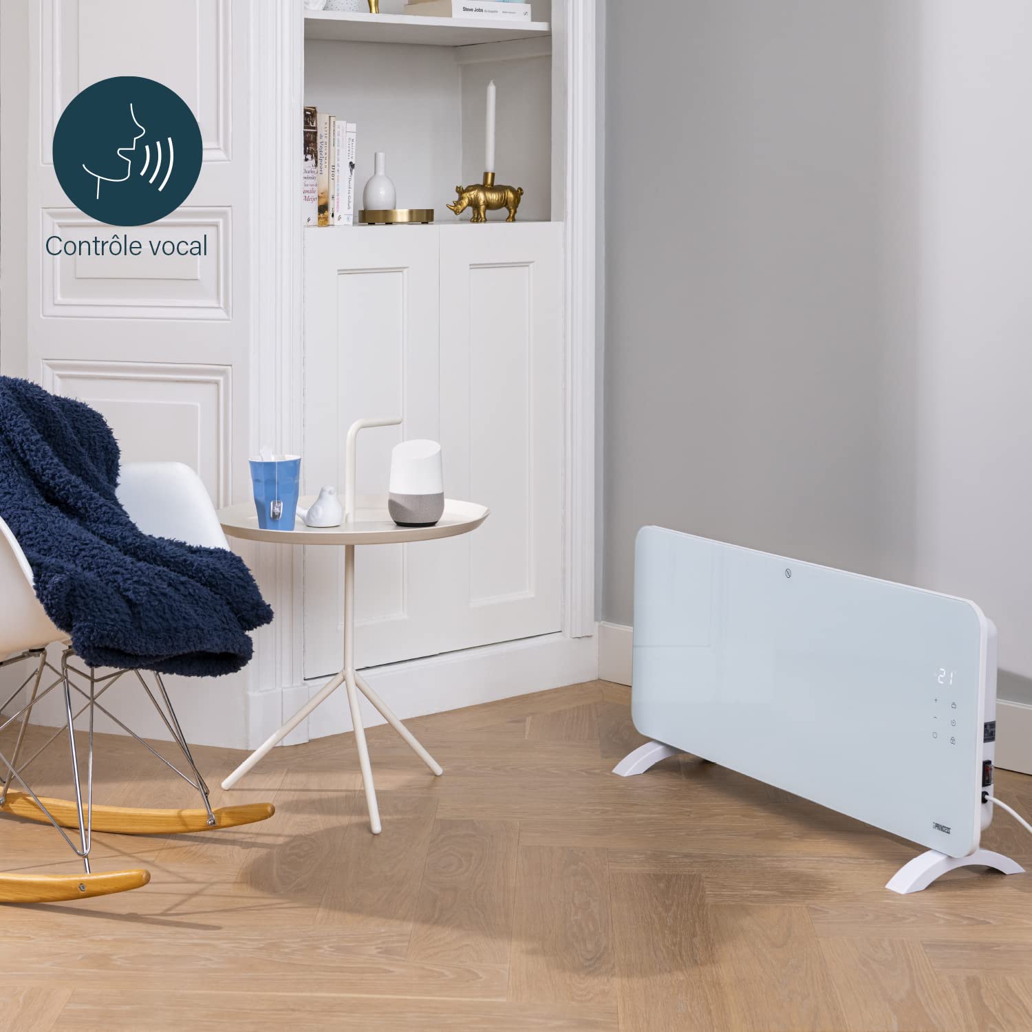 Princess radiateur électrique connecté - Chauffage à convection - Contrôle manuel, via app ou vocal - Appli gratuite - Panneau en verre - 2 000 W - Blanc - 348201