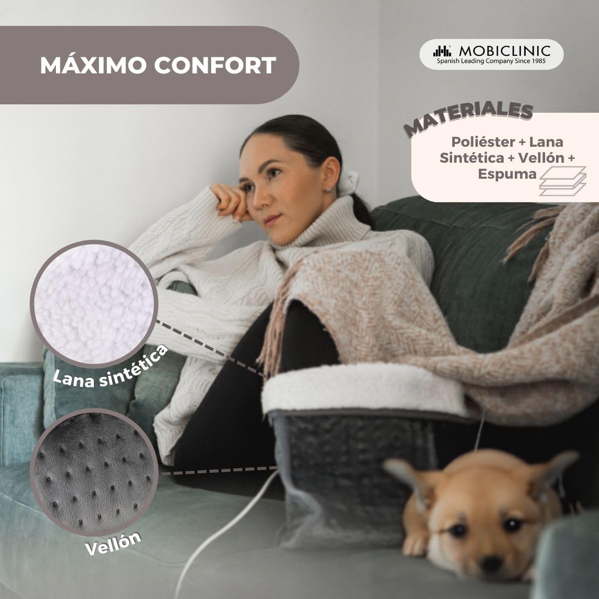 Mobiclinic, Calientapiés eléctrico, Muy bajo consumo, 100w, Apagado automático, Lana y vellón, Marca española, Forro interior fácilmente lavable, 3 niveles de temperatura, 30 x 24cm, Gris