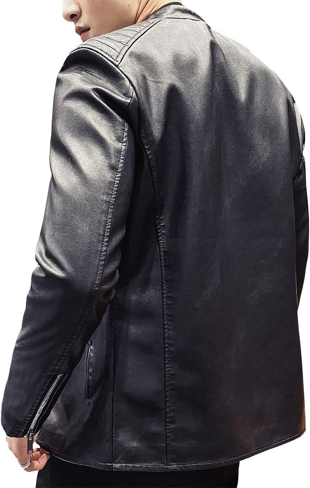 Mens Casual Stand Collar Slim Fit Faux Leather Jacket Biker Motorcycle Jacket - Image 4