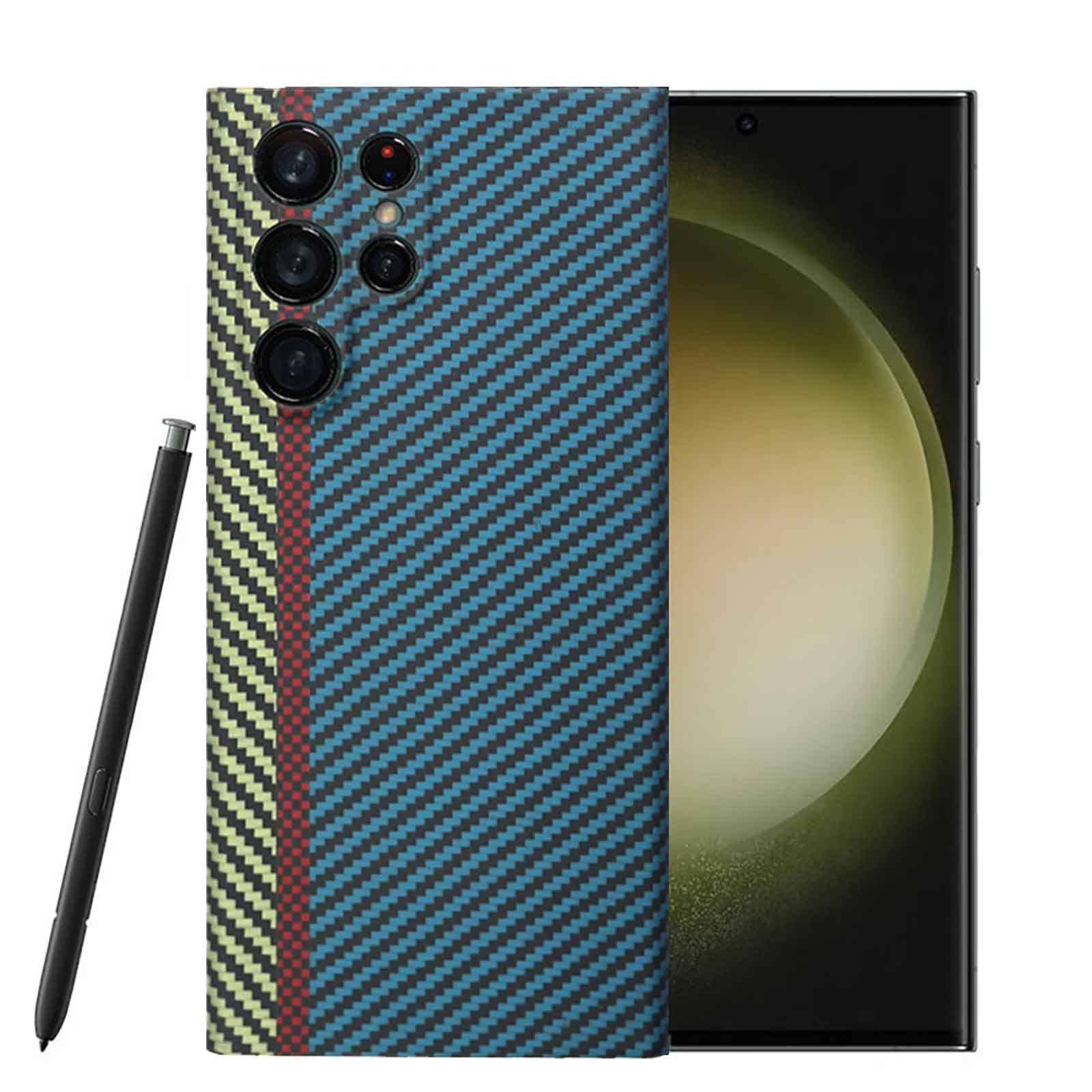 Sisyphy Aramid Fiber Case for Samsung Galaxy S23 Ultra 5G with Carbon Fiber Texture (Technicolor Stripe), Super Slim Protective Cover Skin, Soft Touch Sturdy Durable Snap-on Back Cover