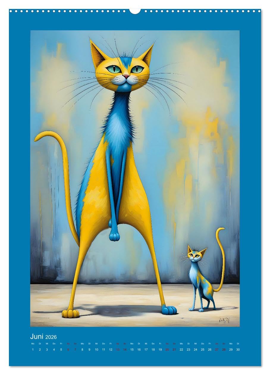 Buntes Katzenvolk (hochwertiger Premium Wandkalender 2026 DIN A2 hoch), Kunstdruck in Hochglanz: Humorvolle, skurrile Bilder von farbenfrohen Katzen ... kunstvoll in Szene gesetzt (CALVENDO Kunst)