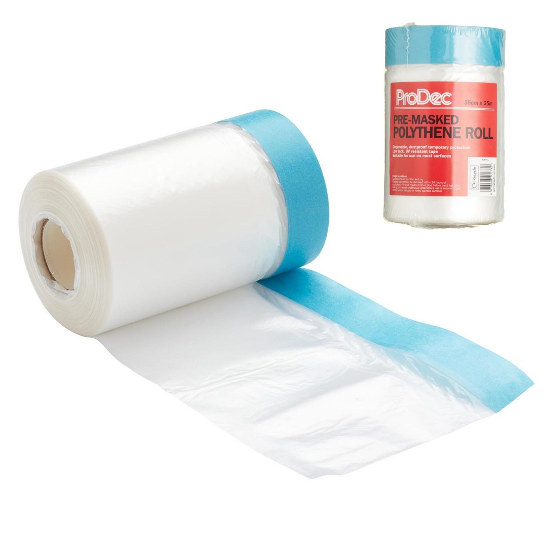 Prodec 55Cm X 25M Pre-Masked Polythene Dust Sheet Roll, Dustproof And Waterproof Ideal For Covering And Protecting Floors And Furniture When Painting And Decorating