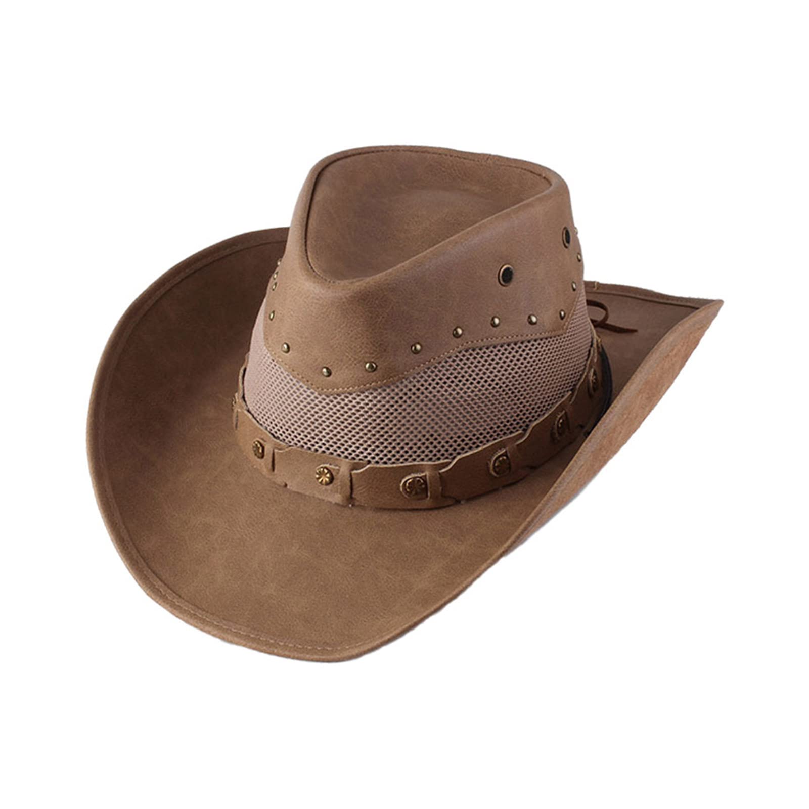 TAKOXIA Sombrero de vaquero, ligero estilo étnico, sombrero de piel sintética para mujeres y hombres, transpirable con cabeza de buey de metal, estilo occidental