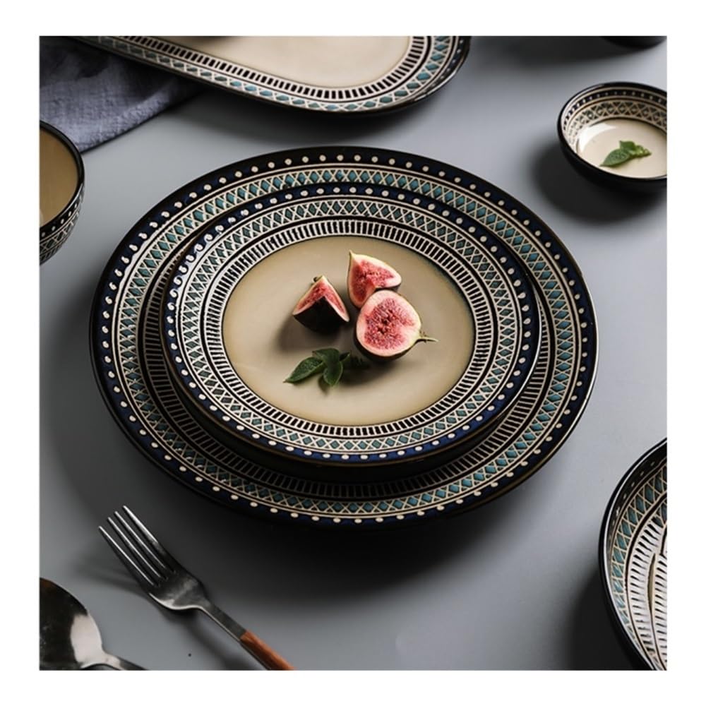 Ceramiczne talerze obiadowe w stylu vintage - talerze do steków w stylu zachodnim, 20 cm zastawa stołowa do jadalni