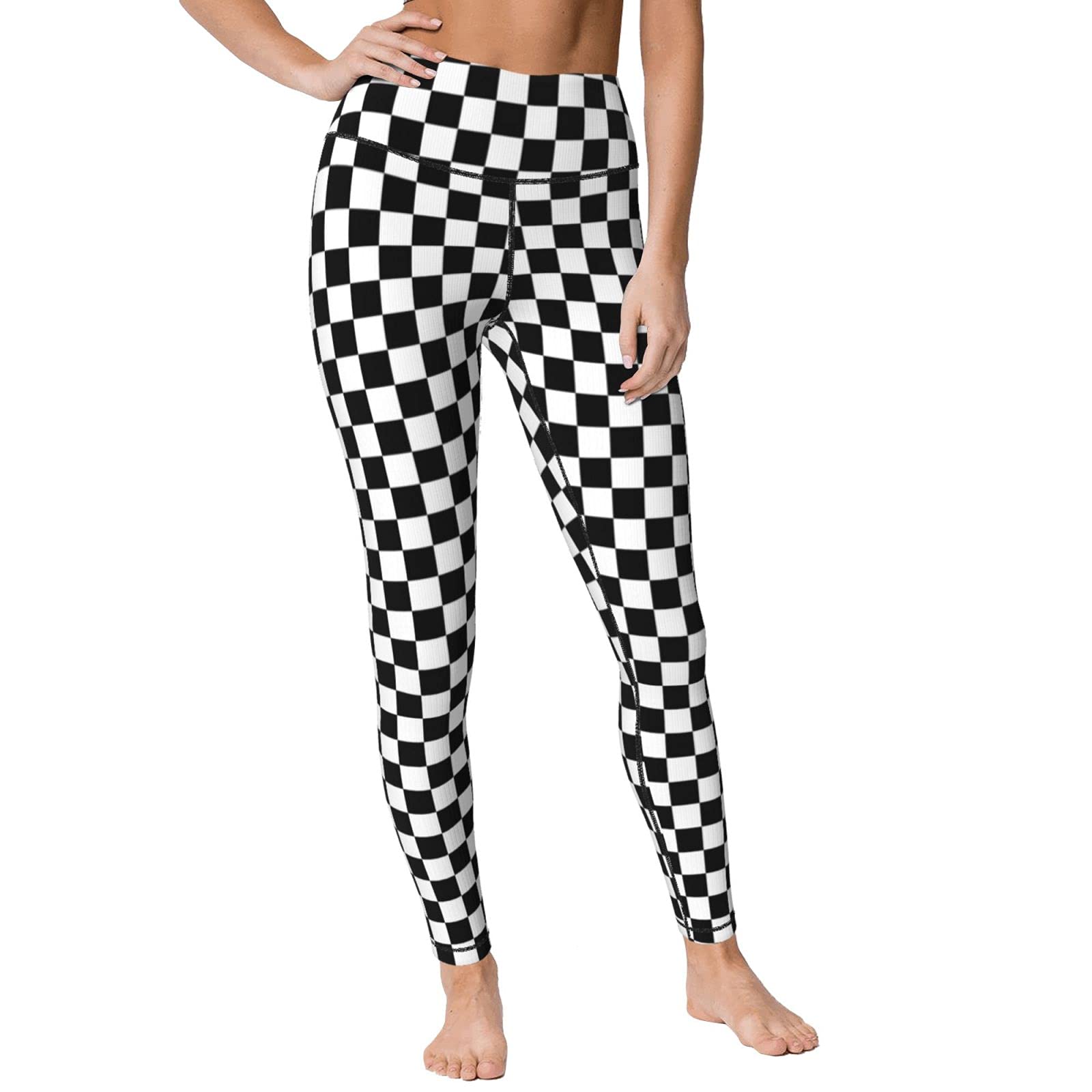 Ykklima Women High Waisted Leggings Black White Race Checkered Flag Pattern Yoga Pants Tummy Control for Running Sports