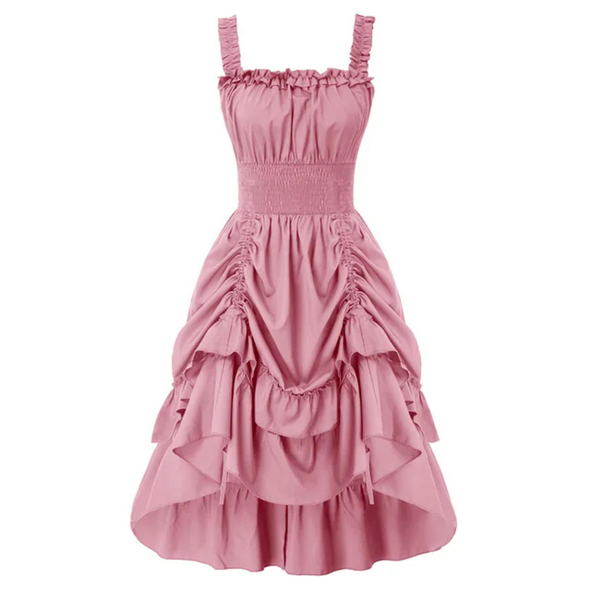 Damenkleid, Gerafftes Kleid, quadratischer Ausschnitt, gesmokte Taille, Kleider, Gothic-Steampunk-Rock, asymmetrisch, hoch – Pink-XL
