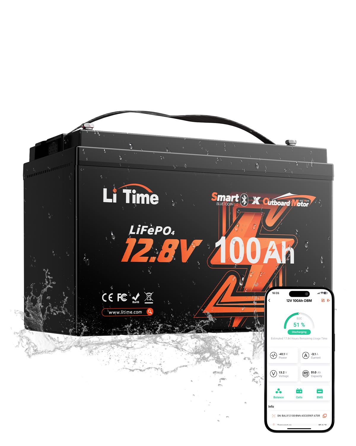 LiTime Batterie Lithium 12V 100Ah Bluetooth pour Moteur Electrique Bateau | LiFePO4, 100A BMS, Max. 15000 Cycles, Énergie 1280Wh, IP65, Protection Anti-froid, Max 4P4S, pour Bateaux, Yachts, Pêche