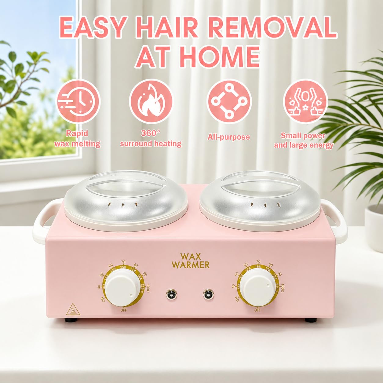 Calentador de cera para depilación, olla de cera doble | Calentador de cera profesional con cuencos de silicona y 20 palos de madera, temperatura ajustable, color rosa