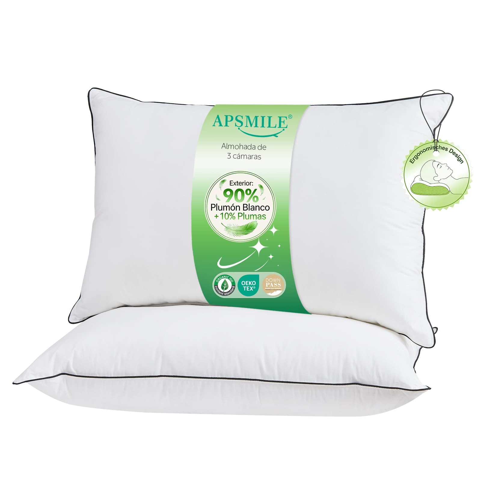 APSMILE - Almohada Plumas de Ganso 50x75 | Exterior: 90% Blanco Plumón | Interior: Mezcla de Plumas | Funda de Pillows: 100% Algodón Orgánico | Máximo Confort y Suaves| Pack de 2 Unidades