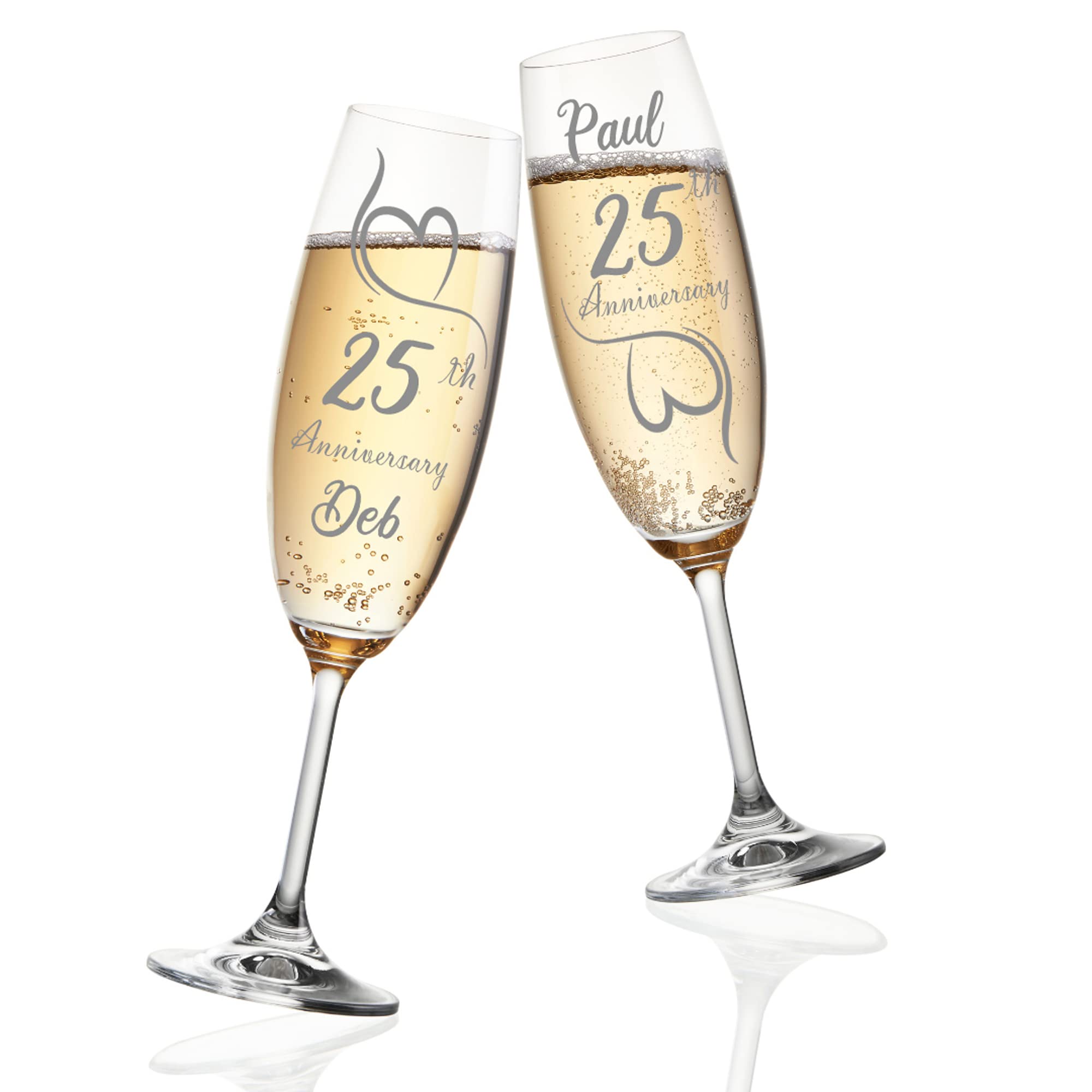 Always Looking Good Personalised Silver Wedding Anniversary Set of 2 Champagne Flute Glasses - 25th Wedding Engraved Glasses With Chocolate Hearts Design (Empty)