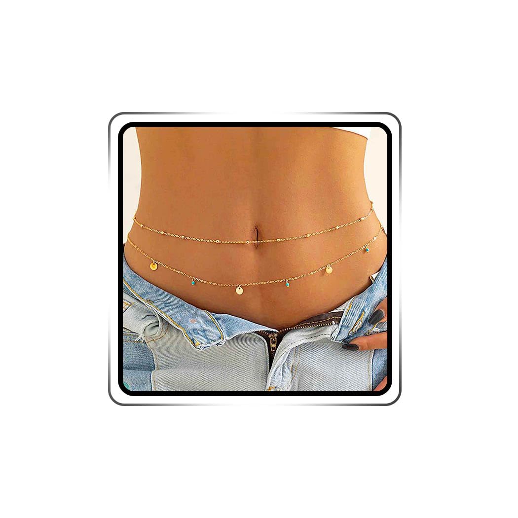 Cadena de cintura bohemia con cuentas para el vientre, cadena de lentejuelas en capas, accesorios de verano para mujeres y niñas (dorado)