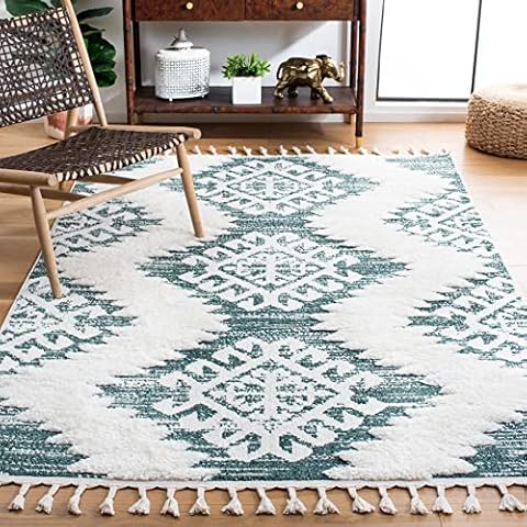 SAFAVIEH Moroccan Tassel Shag Collection MTS652Y Boho Rustic Diamond Trellis Non-Shedding Entryway Living Room Foyer Bedroom 2-inch Thick Accent Area Rug, 3' x 5', Green/Ivory Cover