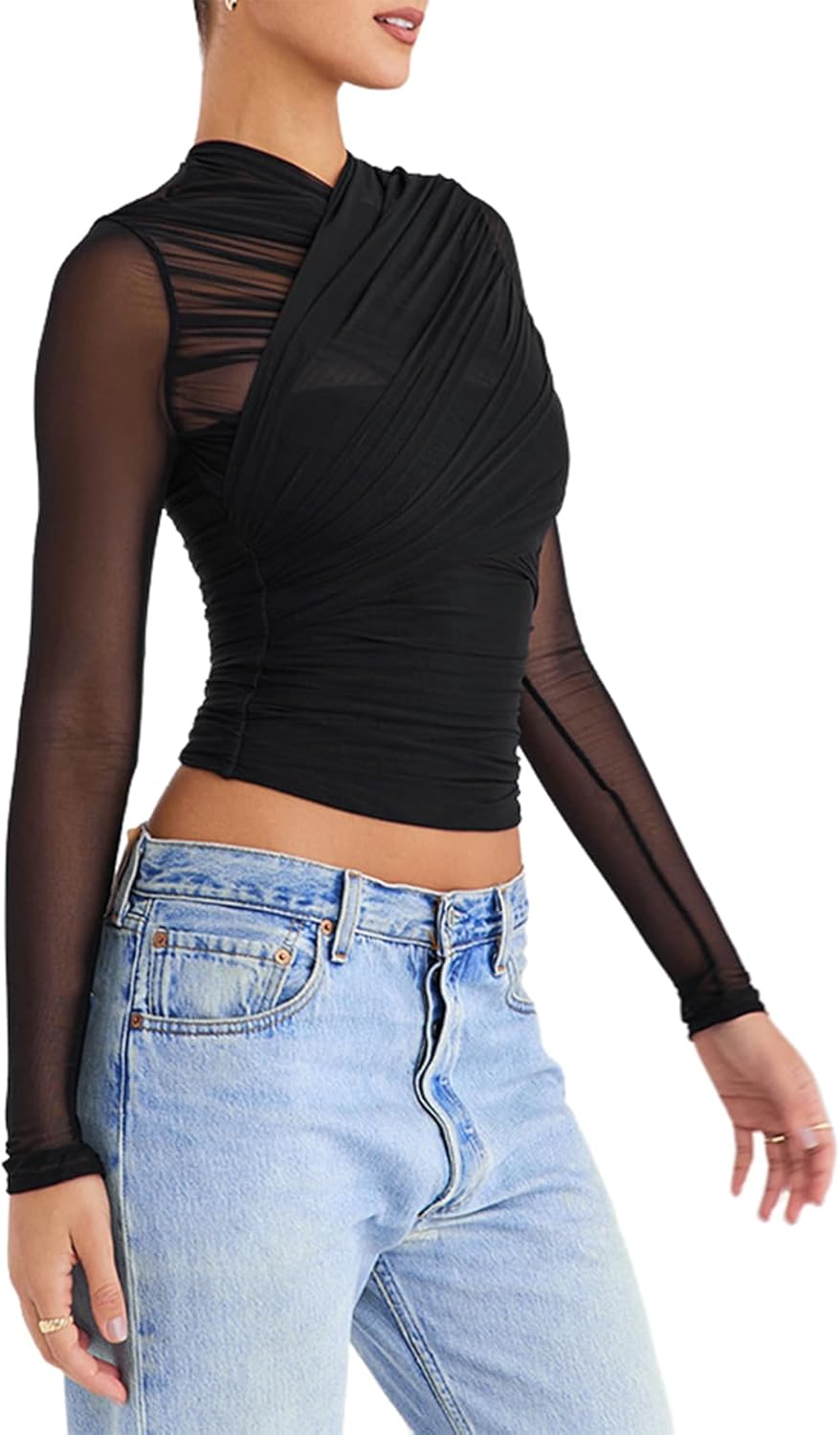 Women Sexy Criss Cross Wrap Sheer Mesh Crop Top Long Sleeve Zip Back See Through Slim Fit Tee Shirt Clubwear - Image 5