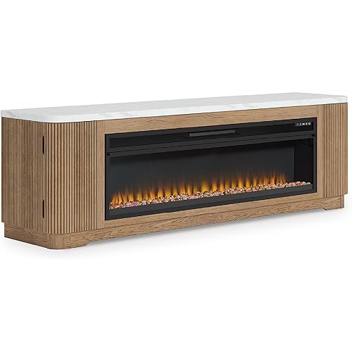 Signature Design by Ashley Camdill Modern 80" TV Stand with Electric Fireplace for TVs up to 91", Light Brown/White