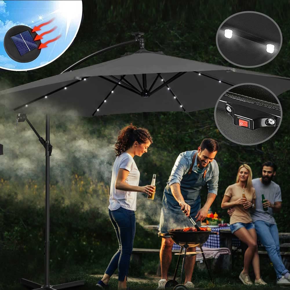 BAKAJI Ombrellone da Giardino Terrazzo con Luce 32 LED e Pannello Solare Dimensioni 3x3 Mt Richiudibile Palo Laterale Decentrato Acciaio Base Croce in Tessuto Anti UV