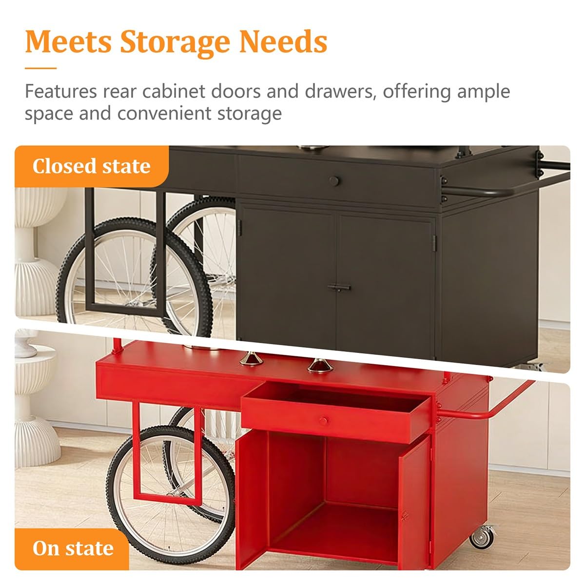 Mobiler Verkaufswagen Outdoor mit Dach, Imbisswagen mit Schublade und Schrank, Street Food Wagen für Markt, Eisverkauf und Events(Orange)