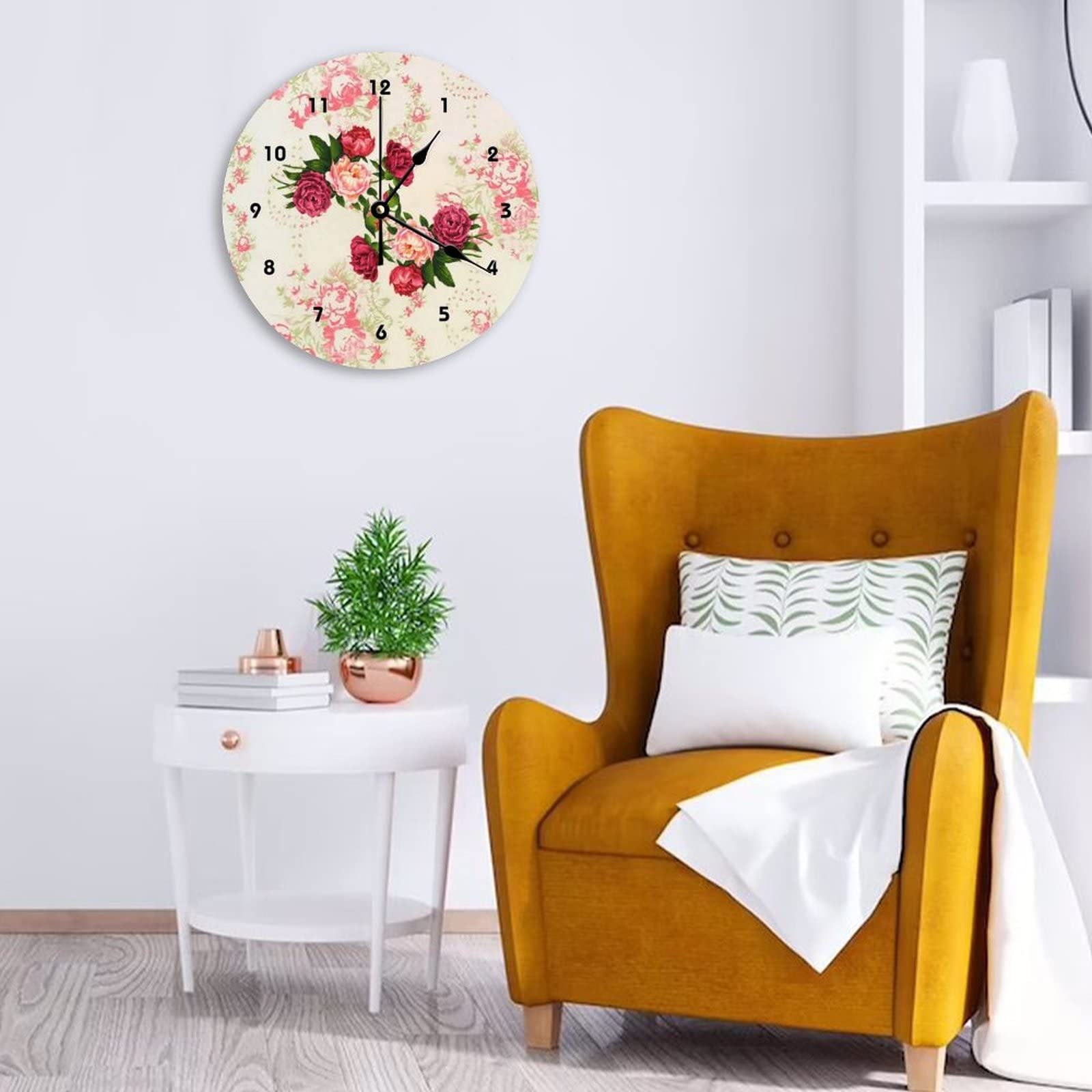 Funlucy Decoratieve stil, geen tikkende wandklok roze rozen ronde moderne houten klokken voor slaapkamer woonkamer thuiskantoor school muurkunst decor, 38 x 38 cm