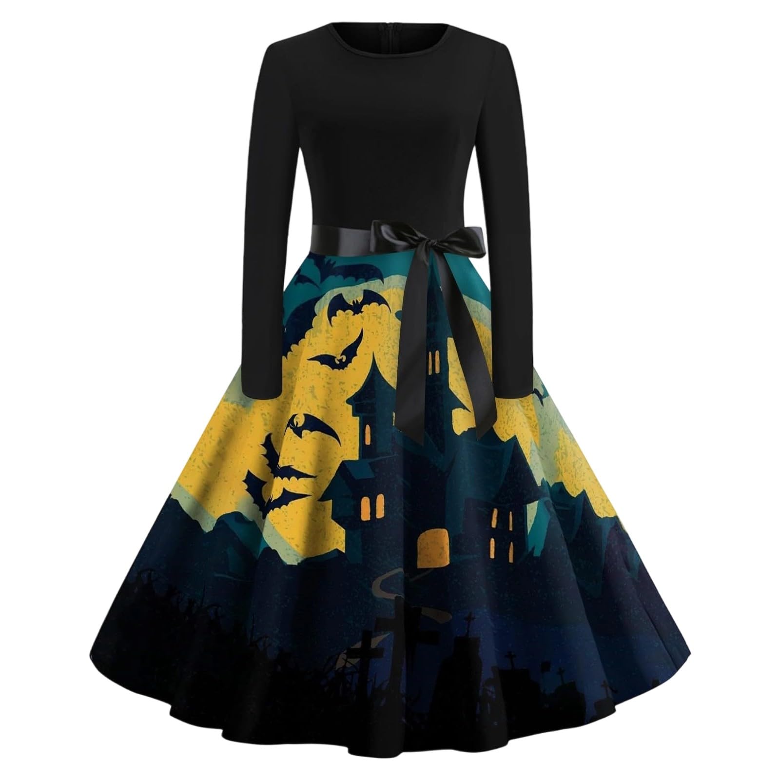 Robe Femme élégante Quotidien, Robe de soirée élégante à Manches Longues et col Rond, ornée d'un nœud, idéale pour Halloween et Autres Occasions spéciales.