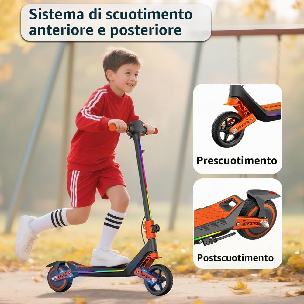 Monopattino Elettrico per Ragazzi U8 Fuoristrada - Doppia Sospensione - 16km/h Max, 10km Autonomia - Pieghevole e Leggero (6.7kg) - Motore 110W - Per Bambini 8-16 Anni (Arancio)