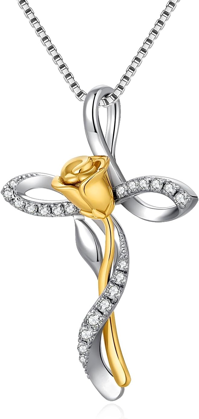 18K White Gold Crose Rose Infinity Necklace for Women s925 Sterling Silver Infinity Rose Flower Cross Pendant Necklace Jewelry for Women
