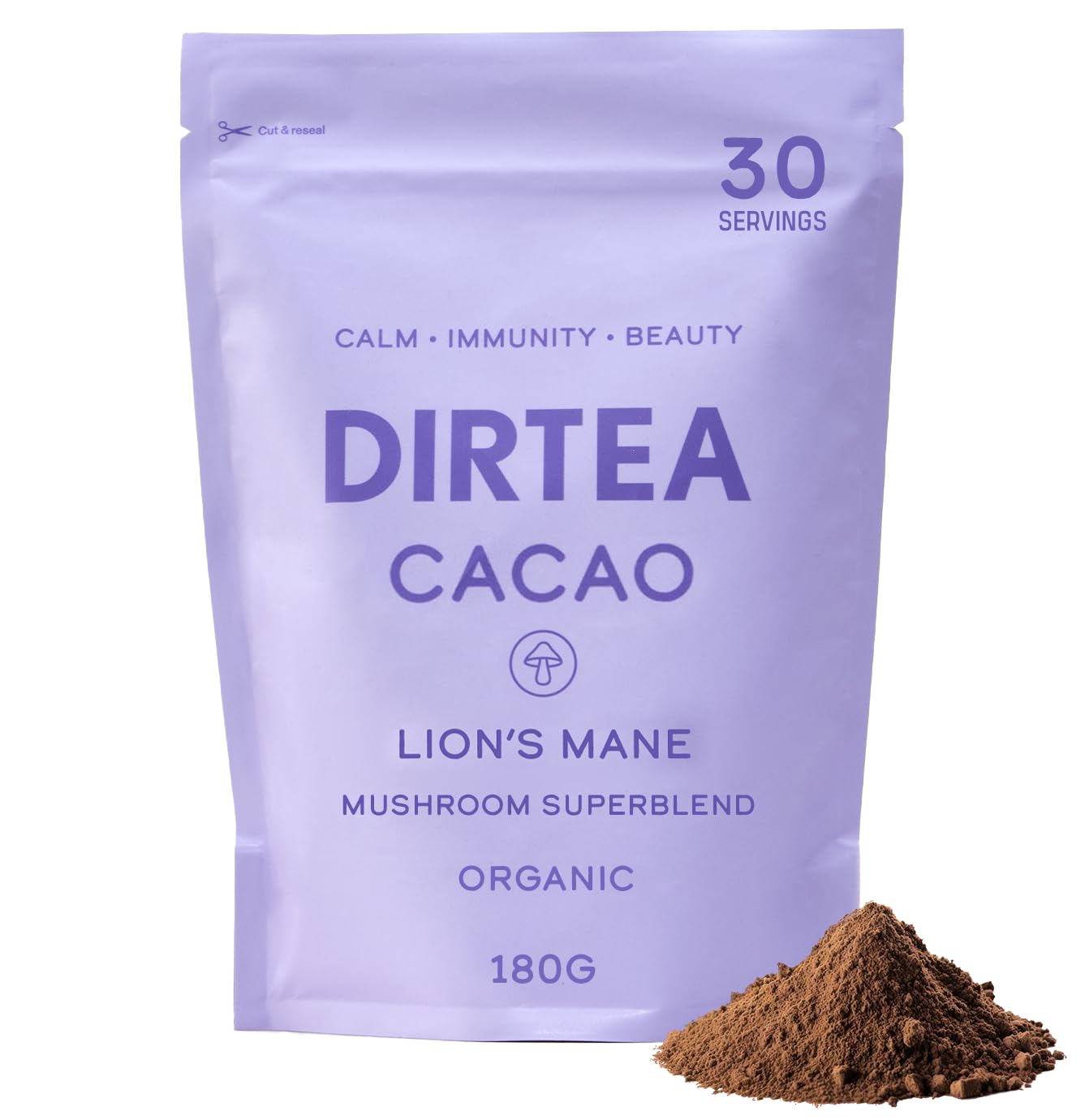 DIRTEA Cacao with Organic Lion's Mane - 100% Organic Cacao with MCT & Moringa, Reishi & Tremella - 2,500mg per Serving - Vegan & Non GMO - 180g - 30 Servings